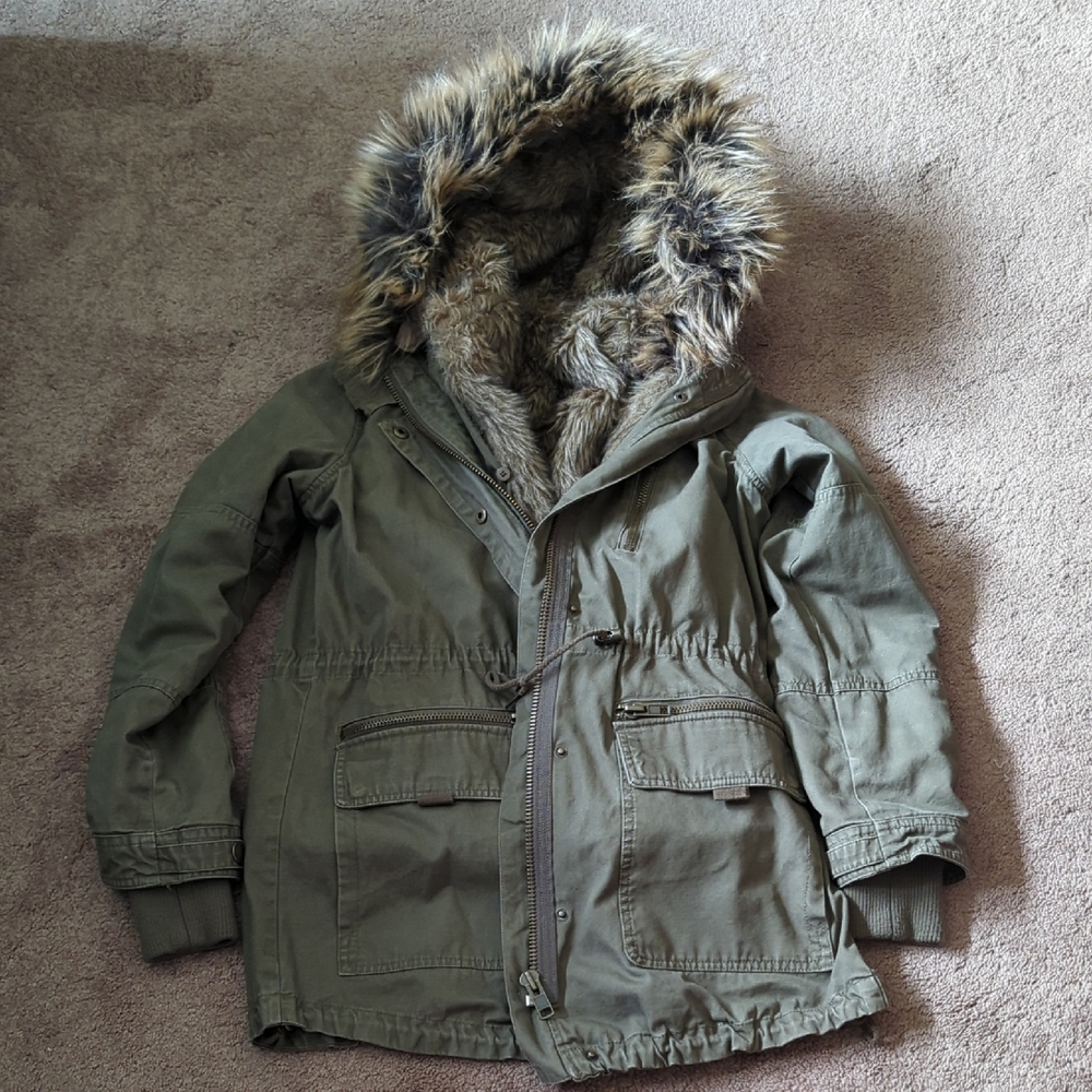 Garage Khaki Green and Brown Puffer Jacket with Removable Faux Fur Vest
